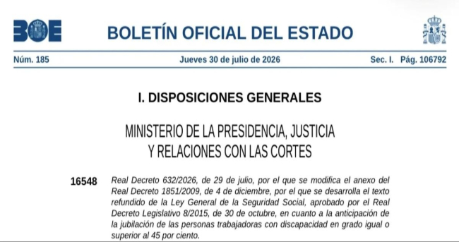 El BOE publica el decret que amplia la jubilació anticipada per discapacitat a 11 noves patologies